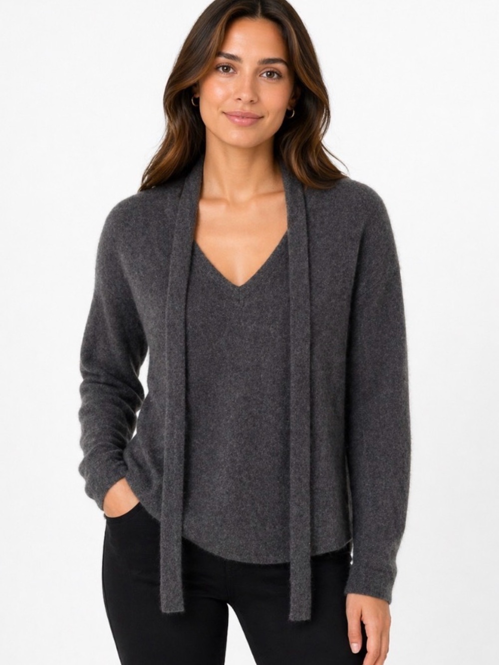 Vince Charcoal V-Neck cashmere Sweater with Tie Scarf size S